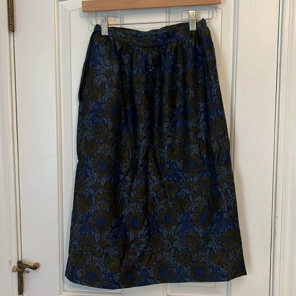 Vintage | Blue and Yellow Floral 100% Wool Midi Skirt Size XS Timeless‎ Classic